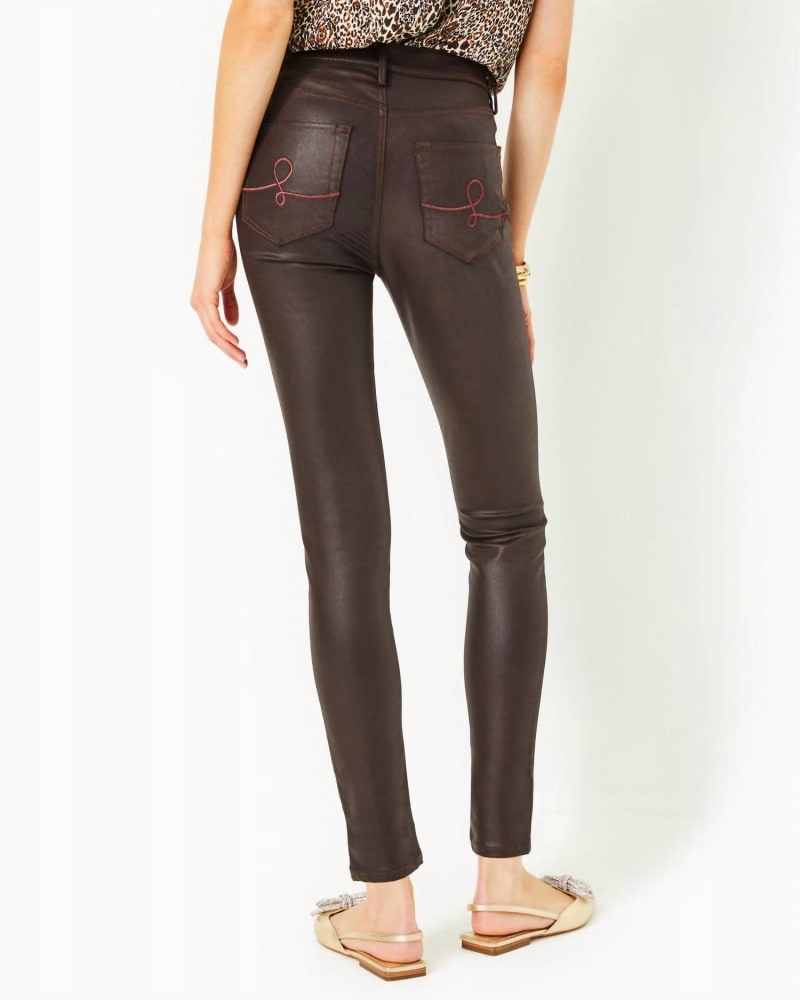 Back of a model wearing a size 16 Eagan High Rise Stretch Coated Jean In Mochachino in Mochachino by Lilly Pulitzer. | dia_product_style_image_id:350531